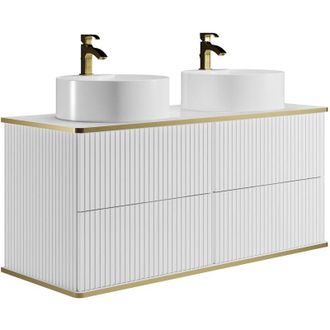 Vente-Unique Mobile per bagno sospeso scanalature profilo dorato e doppio lavabo da appoggio tondo Bianco 120 cm - keliza