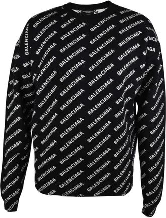 Balenciaga All Over Logo Crew Knit - Heren - Ronde hals truien - Zwart - S - Katoen - Truien & Vesten