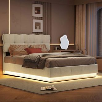 OEM Estructura De Cama Con Arc&oacute;n 140x200 Cm Terciopelo Beige - Hidr&aacute;ulica, Led 7 Colores, Somier De Lamas