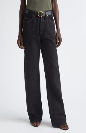 Saint Laurent High V-Waist Baggy Denim Wide Leg Jeans in Deep Sea Black at Nordstrom, Size 25