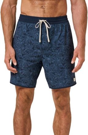 Travis Mathew Tidal Whisper Palm Tree Print Swim Trunks in Total Eclipse at Nordstrom, Size Small