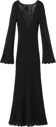Mango Lace-Up Open Back Long Sleeve Sheer Pointelle Maxi Dress in Black at Nordstrom, Size 4