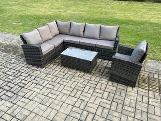 Fimous 7 Seater Rattan Garden Furniture Corner Sofa Set Outdoor Patio Sofa Chair Table Set with Rectangular Coffee Table in Dark Grey