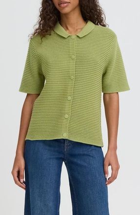 Ichi Ihdemue Textured Cotton Snap-Up Polo Sweater in Iguana at Nordstrom, Size Xx-Large