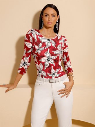 Cr&eacute;ation L Rundhalsshirt CREATION L Druck-Shirt, Damen, Gr. 36, rot, champagner, bedruckt, 95% Lyocell, 5% Elasthan, gebl&uuml;mt, gemustert, mehrfarbig, Rundhals, Sh