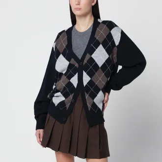 Dunst Cardigan blu navy in lana con fantasia a rombi