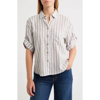 Beach Lunch Lounge Mason Short Sleeve Stripe Button-Up Shirt in Beach Pebble at Nordstrom, Size X-Large