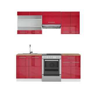 Vicco Mueble De Cocina Fame-line, Burdeos Brillo Intenso/blanco, 200 Cm, Et Roble