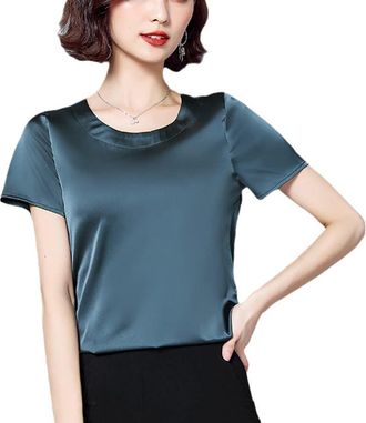 Generic Summer Womens Basic Solid T-Shirts O-Neck Short Sleeve Tees Tops Satin Silk Elegant Thin Shirts for Female Grey Blue