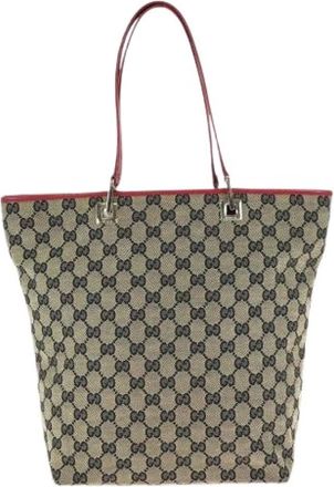 Gucci Pre-owned Beige Red GG Canvas Leather Tote Bag - Dames - Vintage Shopper - Blauw - ONE Size - Leer - Vintage