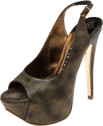 Gina Metallic Bronze/black Texture Leather Peep Toe Platform Slingback Pumps