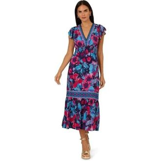 Adrianna Papell Midi Dress Womens Navy Floral Smocked Flutter Sleeve KFC961