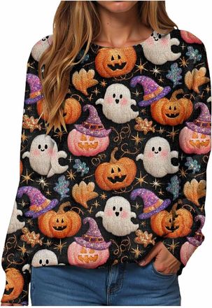 Generic Womens Halloween Sweatshirt Sweatshirt for Women Casual Pullover Top Womens Sportswear Round Neck Printed Long Sleeved Sweatshirts Black Crewneck Crew