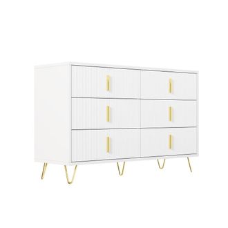 Urban Meuble Aparador blanco con 6 cajones y detalles dorados, 120x40x72cm