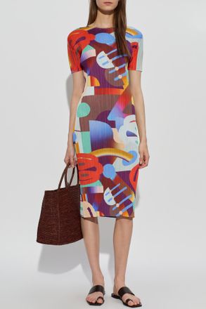 Pleats Please Issey Miyake Pleated Dress With Short Sleeves, Womens, Multicolour