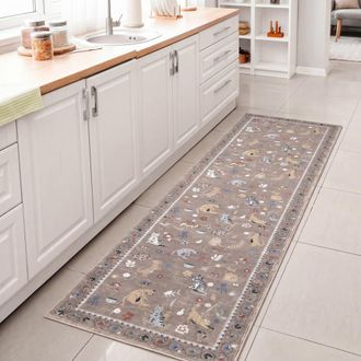 Jonathan Y Designs Catmosphere Festive Feline Floral Border Non-Slip Machine-Washable Rug in Taupe at Nordstrom, Size 5Ft 0In X 8Ft 0In