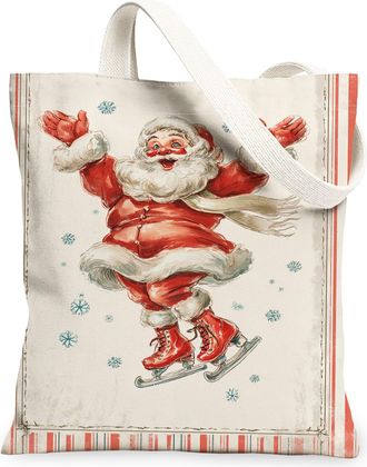 Generic Christmas Santa Canvas Tote Bags, Vintage Holiday Art Reusable Grocery Bags, Retro Lightweight Washable Shoulder for Travel, Red, 13x15 Inch