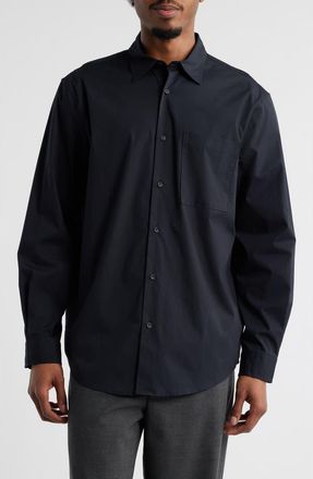 Open Edit Oversize Solid Stretch Cotton Button-Up Shirt in Black Caviar at Nordstrom, Size X-Large