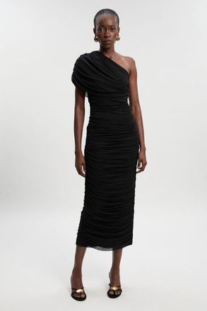 Karen Millen Mesh Asymmetric Neck Knit Maxi Dress in Black at Nordstrom, Size X-Small