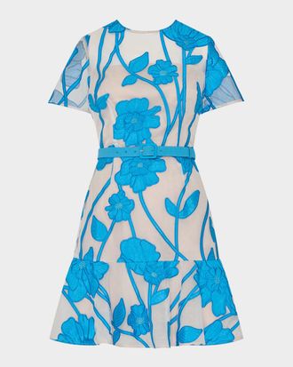 Milly Rosie Floral Applique Flounce Mesh Mini Dress