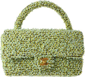 Chanel Vintage Classic Top Handle Flap Bag Quilted Tweed Green Tweed Handbag (Pre-Owned)