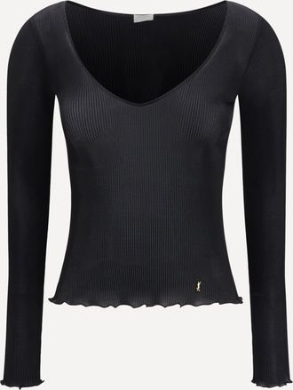 Saint Laurent Top Cassandre con scollo a V in seta a coste Woman S