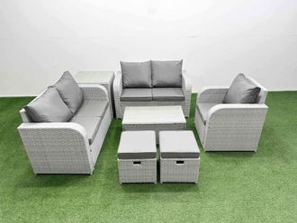 Fimous High Back Poly Rattan Garden Furniture Set w/ Reclining Chair Loveseat Sofa Rectangular Coffee Table Indoor Outdoor Patio Set 2 Stool Side