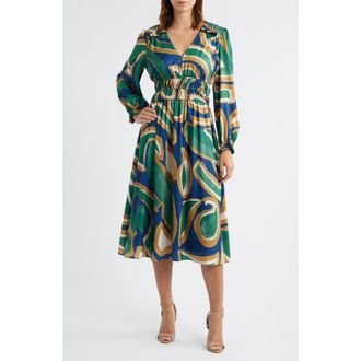 Julia Jordan Abstract Print Long Sleeve Midi Dress in Green Multi at Nordstrom Rack, Size 14