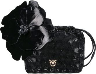 Pinko Black Rhinestone Flower Drawstring Fabric Clutch