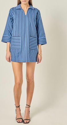 English Factory Striped Kaftan Collar Minidress in Navy/blue at Nordstrom, Size X-Large