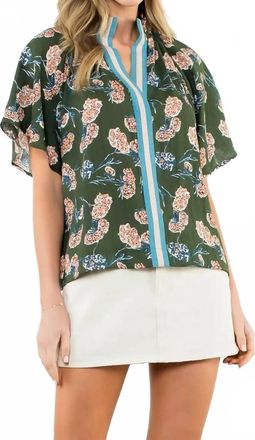 THML Clothing Floral Print Striped Collar Top In Green