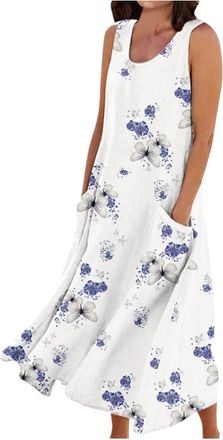 Generic Black Funeral Dresses Oversized Loose Casual Floral Print Round Neck Sleeveless Dresses Maxi Vest Dress with Pockets Dress for Women Indian (Light Pur