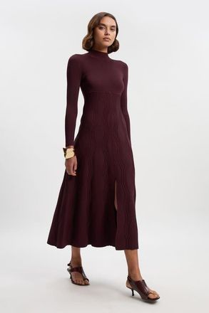Karen Millen Wave Knit A-Line Long Sleeve Dress in Burgundy at Nordstrom, Size X-Small