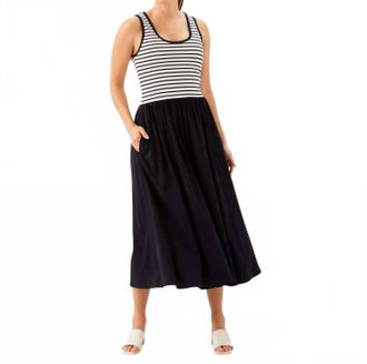 Karen Kane Sleeveless Stripe Bodice Mixed-Media Midi Dress In Ivory With Black