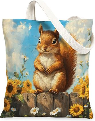 Generic Spring Squirrel Canvas Tote Bag for Shopping 13x15, Sunflower Fence Animal Reusable Grocery Print Bag for Women, Fun Farmhouse Scenic Beach Aesthetic 