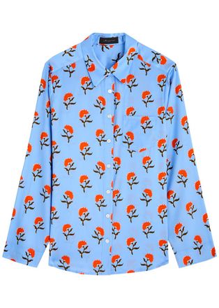 Jessica Russell Flint Juipur Printed Stretch-silk Pyjama Shirt - Blue - L (UK14 / L)