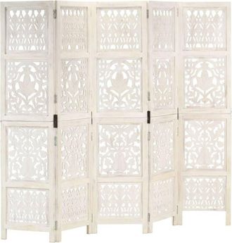vidaXL Biombo 5 Paneles Tallado A Mano Madera Mango Blanco 200x165 Cm Vidaxl