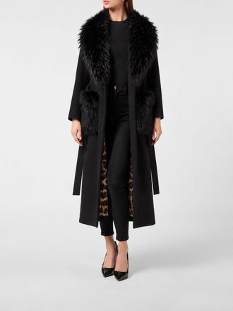 Philipp Plein Long Wool Robe Coat with Fur Collar