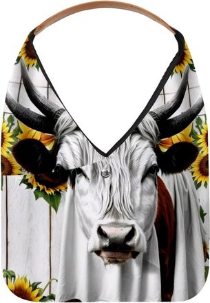 Generic Sunflower White Cow Wooden Board Reusable Lightweight Grocery Bags - Foldable Into Compact Pouch, Washable & Sturdy, Multipurpose for Shopping and Tra