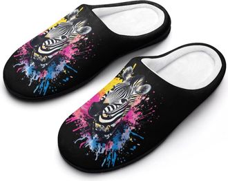Generic Colorful Zebra1 Animal Mens House Slippers Memory Foam Washable Cotton Slip on Home Shoes
