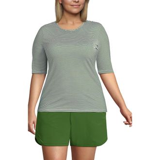 Lands End Elbow Sleeve Relaxed UPF 50 Rash Guard in Fusion Green Mini Stripe at Nordstrom, Size 1X