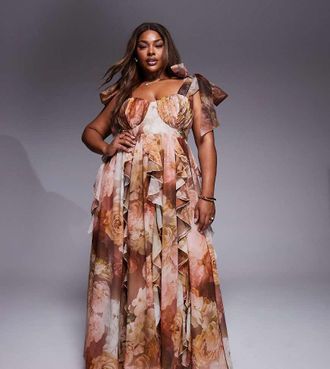 Asos Curve - Vestito lungo marrone con stampa a fiori, volant a cascata e spalline allacciate-Multicolore