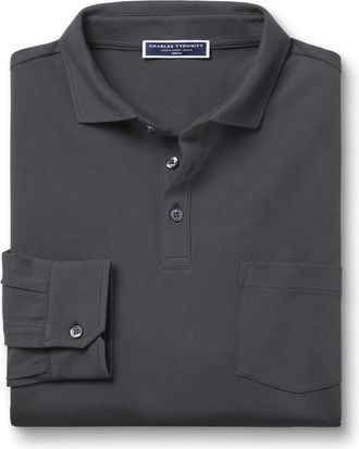 CHARLES TYRWHITT Long Sleeve Pique Cotton Polo - Charcoal Grey Size Large by Charles Tyrwhitt