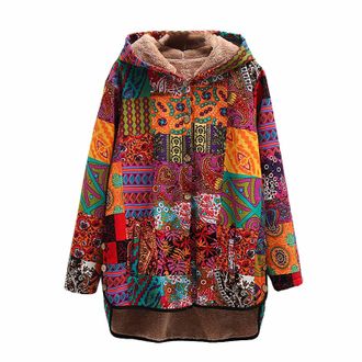 Generic Womens Classic-fit Coats Ladies Warm Jackets Ethnic Printing Hoodies Splicing Plush Cardigan Long Sleeves Coat For Womens Jacket Woman (Yellow, XL)