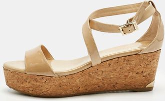 Jimmy Choo London Beige Patent Leather Cork Wedge Cross Strap Sandals