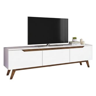 Dmora Dmora - Mueble De Televisi&oacute;n Cor, Aparador De Sal&oacute;n, Mueble Bajo Para Tv, Base De Pared Equipada, 180x35h49 Cm, Blanco Y Nogal, Con Embalaje Reforzado