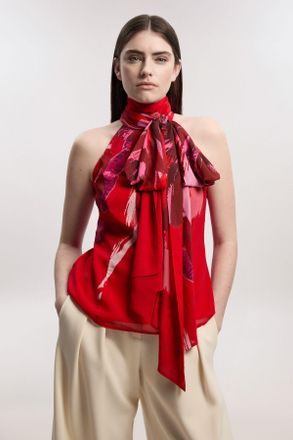 Karen Millen Womens Petite Photographic Floral Crinkle Georgette Sleeveless Tie Neck Woven Top - Multicolour - Size 10 UK