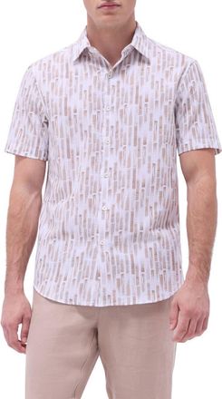 Bugatchi Orson Trim Fit Stripe Short Sleeve Stretch Cotton Seersucker Button-Up Shirt in Camel at Nordstrom, Size Xx-Large