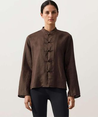 Oysho Giacca in 100% lino marrone con colletto alla coreana e bottoni