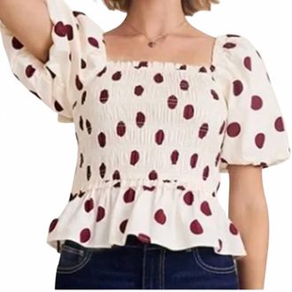 Francesca's Polka Dot Stretch Cotton Smocked Top In Cream Burgundy